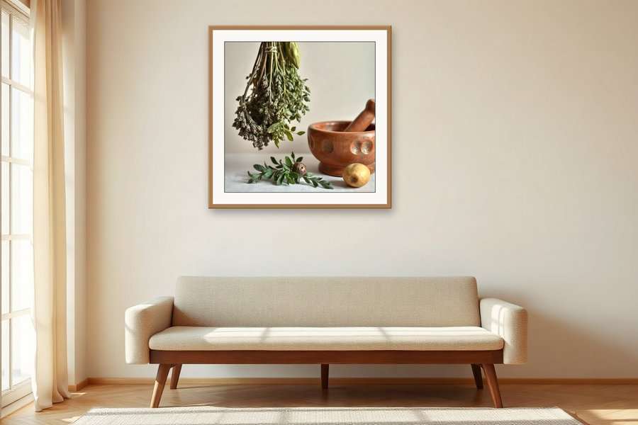 Herbs, Mortar and Pestle, shown in a room setting