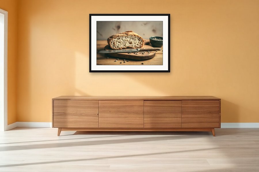 Rye Loaf, Knife and Seeds, shown in a room setting