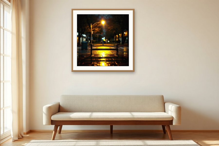 Empty Bench, Lamplight, shown in a room setting