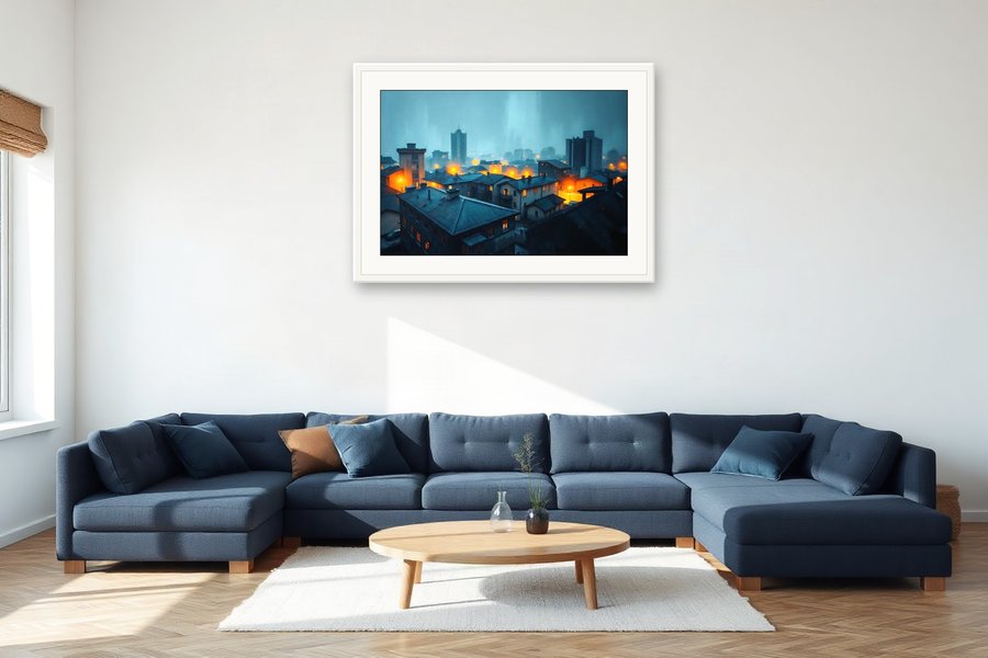 Wide Cityscape, Rain, shown in a room setting