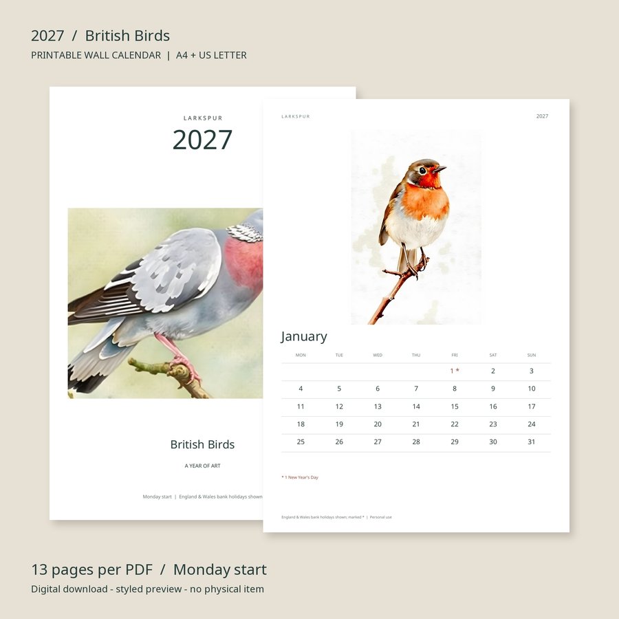 2027 Printable Calendar British Birds Wall Calendar | A4 & US Letter | AI Art, product preview