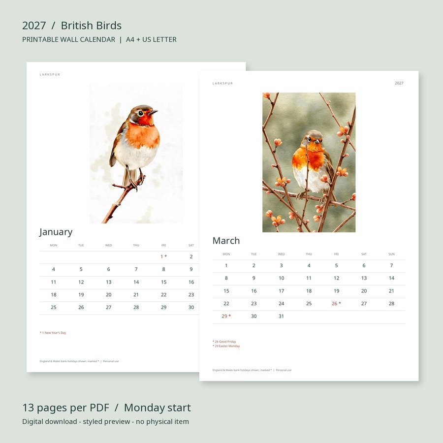 2027 Printable Calendar British Birds Wall Calendar | A4 & US Letter | AI Art, listing preview 2