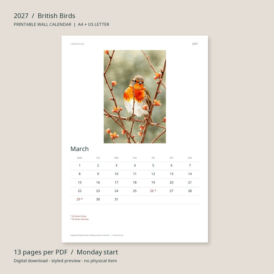 2027 Printable Calendar British Birds Wall Calendar | A4 & US Letter | AI Art, listing preview 3