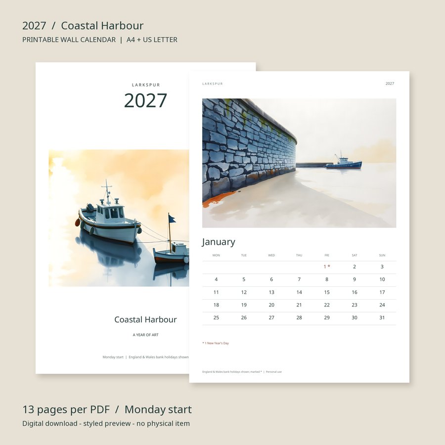 2027 Printable Calendar Coastal Harbour Wall Calendar | A4 & US Letter | AI Art, product preview