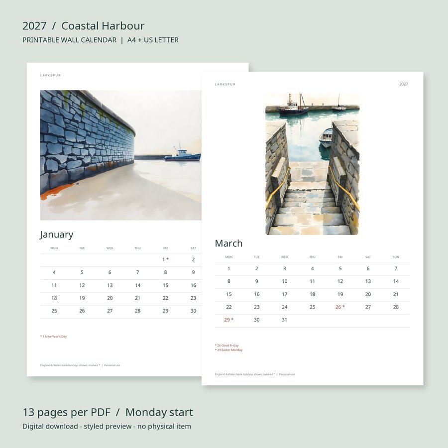 2027 Printable Calendar Coastal Harbour Wall Calendar | A4 & US Letter | AI Art, listing preview 2