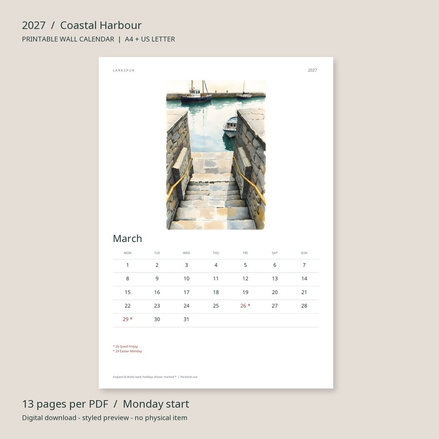 2027 Printable Calendar Coastal Harbour Wall Calendar | A4 & US Letter | AI Art, listing preview 3