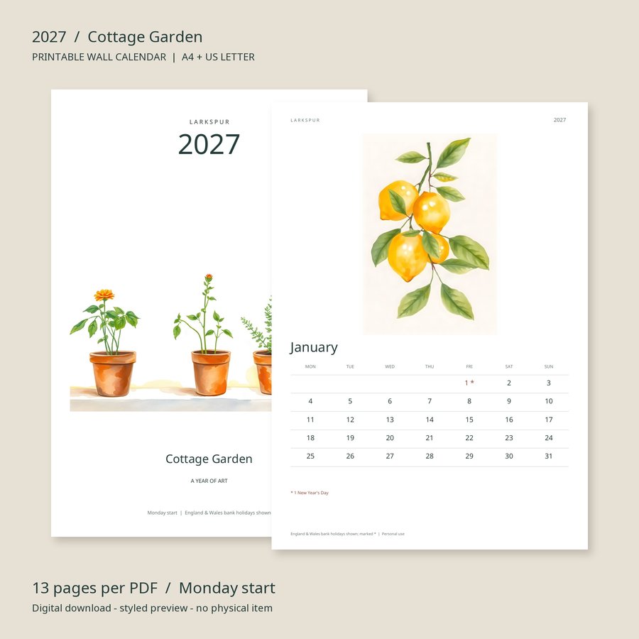 2027 Printable Calendar Cottage Garden Wall Calendar | A4 & US Letter | AI Art, product preview