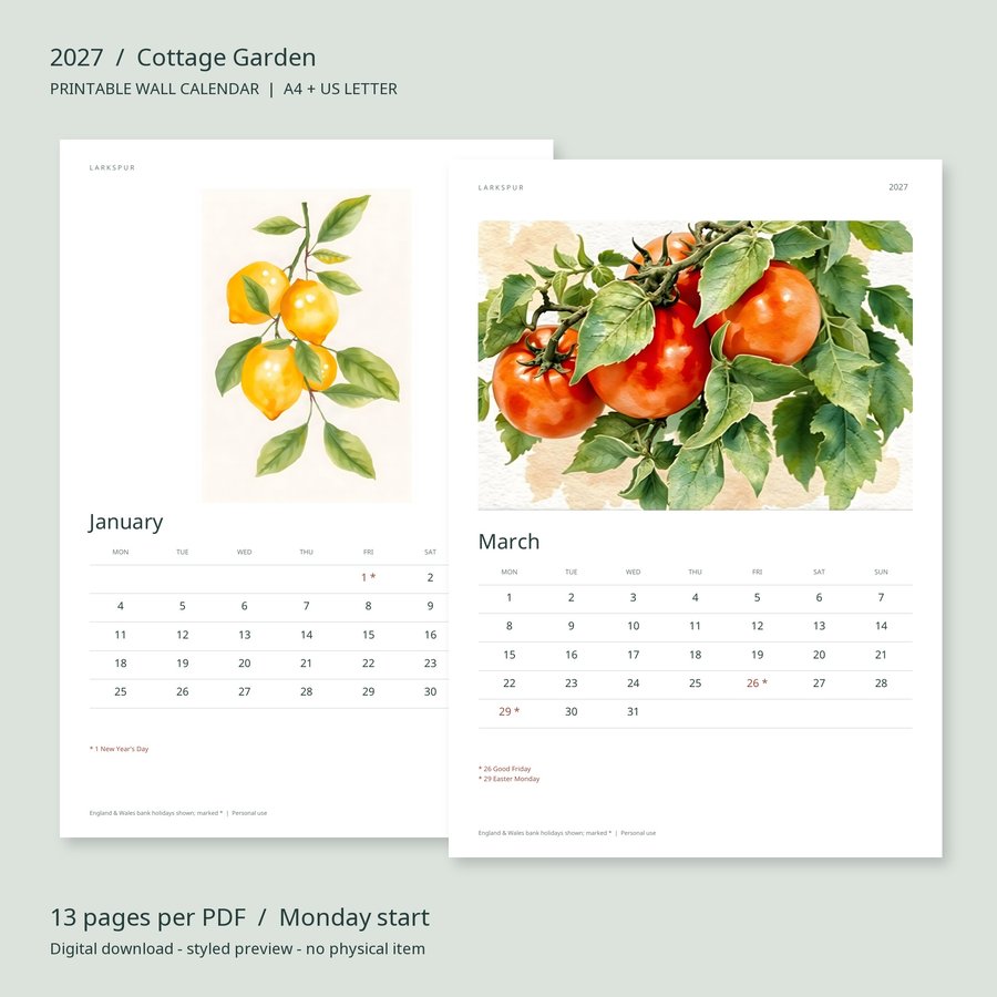 2027 Printable Calendar Cottage Garden Wall Calendar | A4 & US Letter | AI Art, listing preview 2