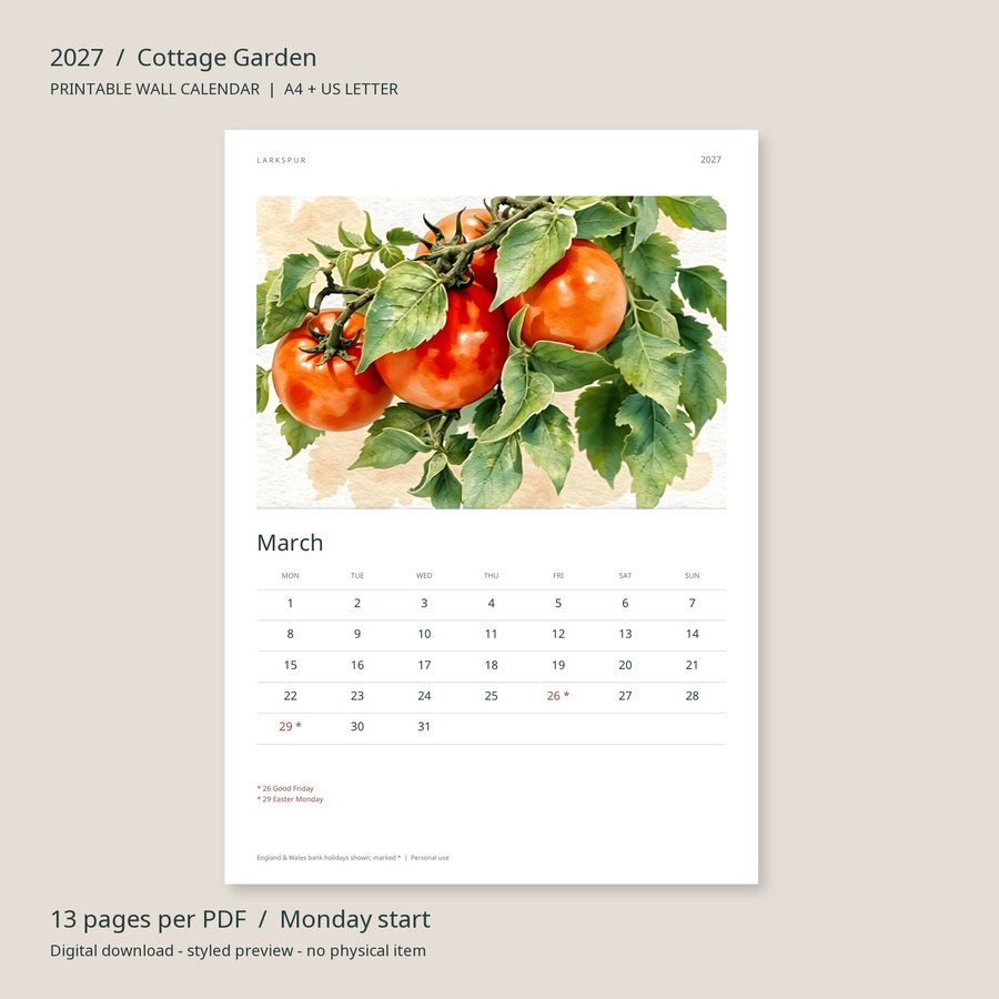 2027 Printable Calendar Cottage Garden Wall Calendar | A4 & US Letter | AI Art, listing preview 3