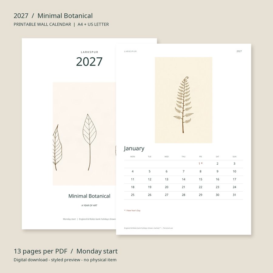 2027 Printable Calendar Minimal Botanical Wall Calendar | A4 & US Letter | AI Art, product preview