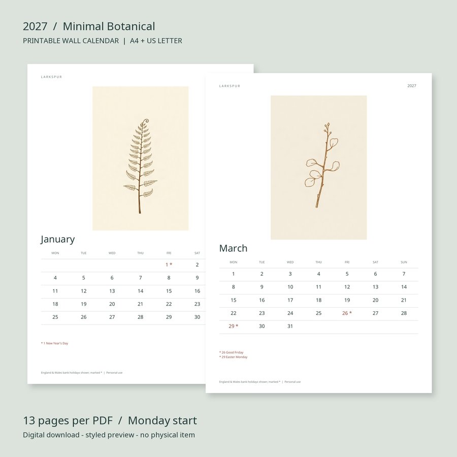 2027 Printable Calendar Minimal Botanical Wall Calendar | A4 & US Letter | AI Art, listing preview 2