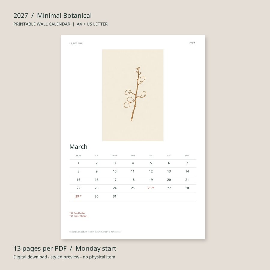2027 Printable Calendar Minimal Botanical Wall Calendar | A4 & US Letter | AI Art, listing preview 3