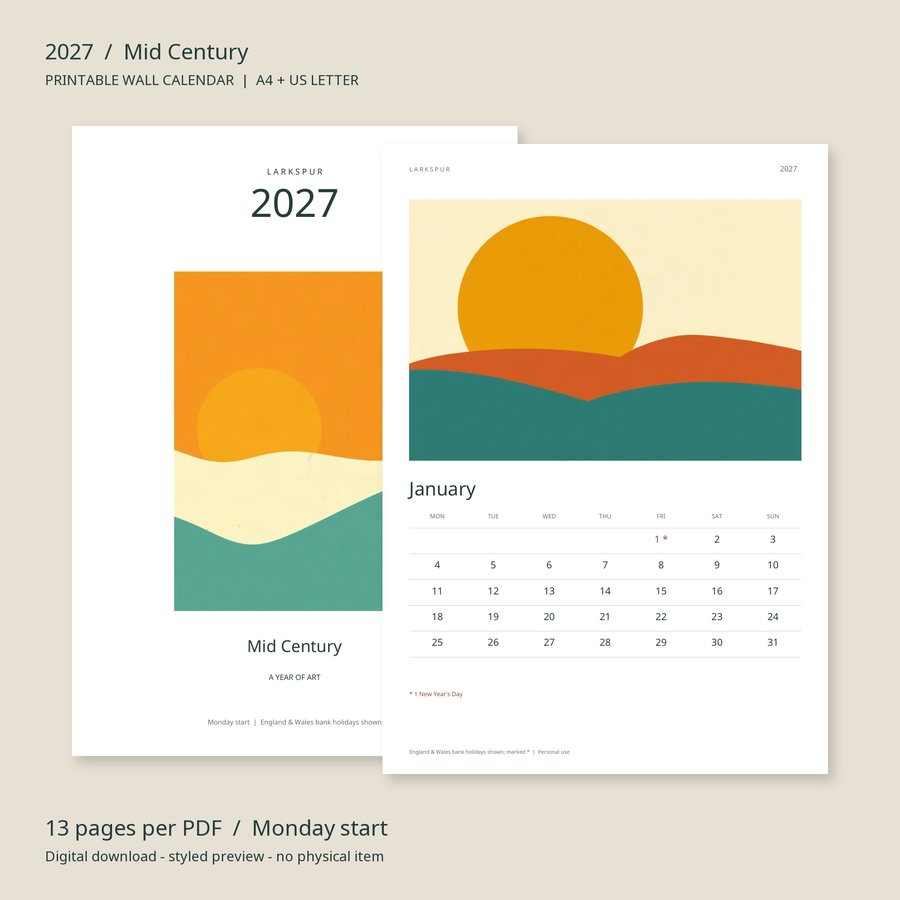 2027 Printable Calendar Mid Century Wall Calendar | A4 & US Letter | AI Art, product preview