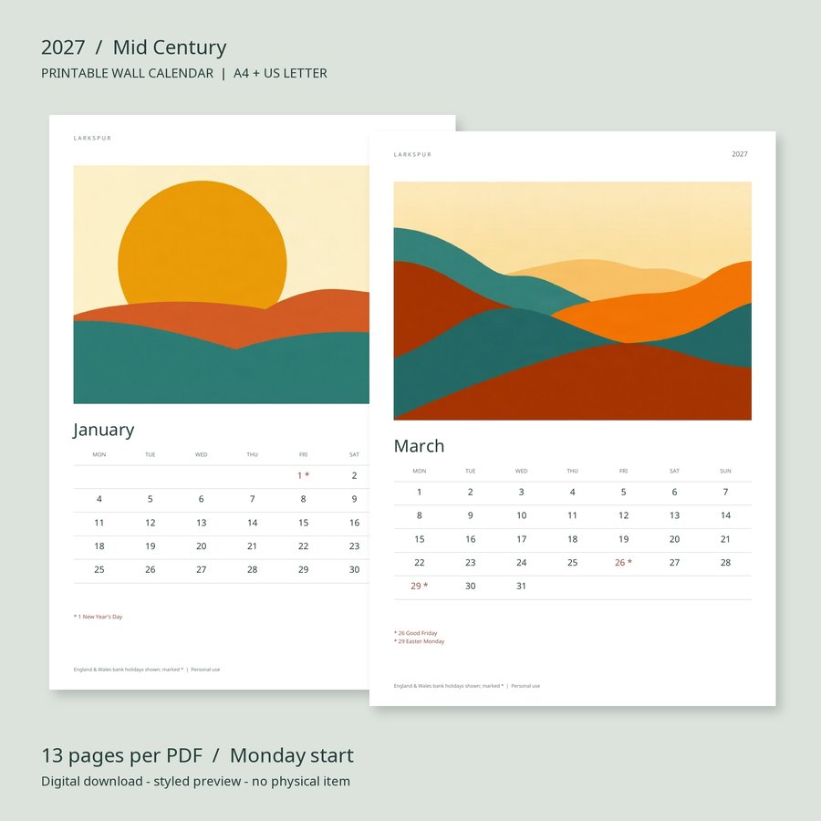 2027 Printable Calendar Mid Century Wall Calendar | A4 & US Letter | AI Art, listing preview 2