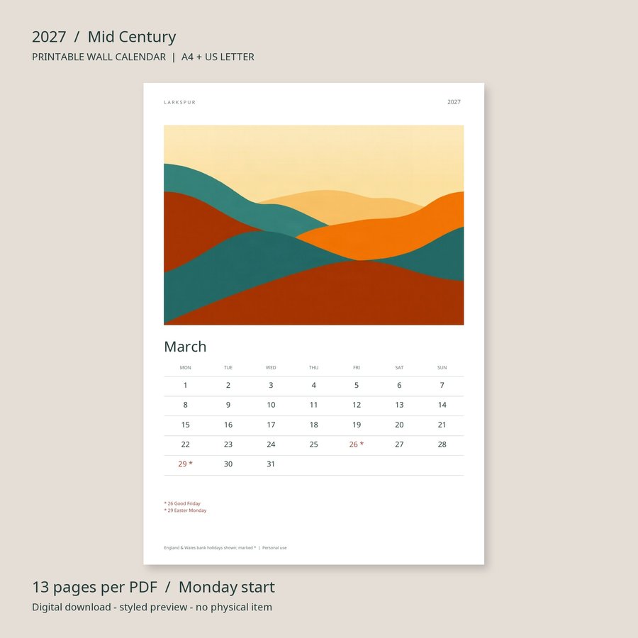 2027 Printable Calendar Mid Century Wall Calendar | A4 & US Letter | AI Art, listing preview 3