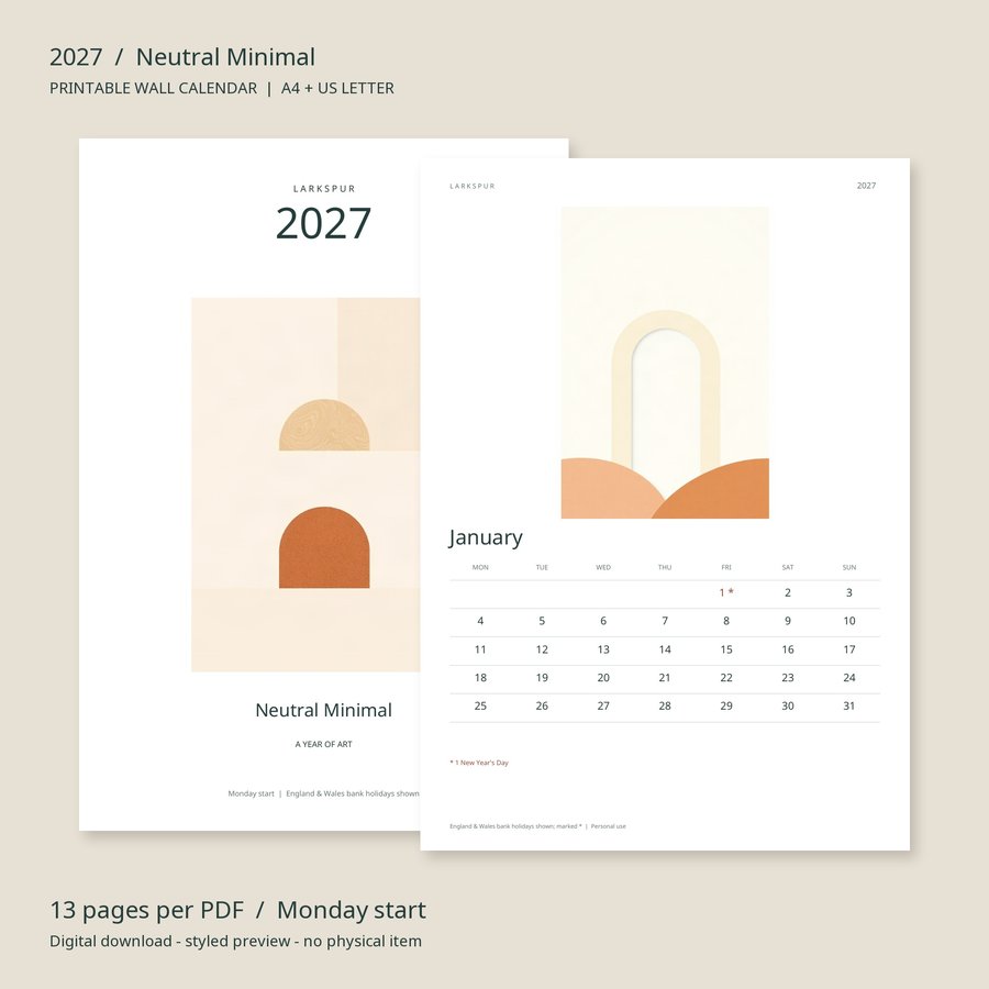 2027 Printable Calendar Neutral Minimal Wall Calendar | A4 & US Letter | AI Art, product preview