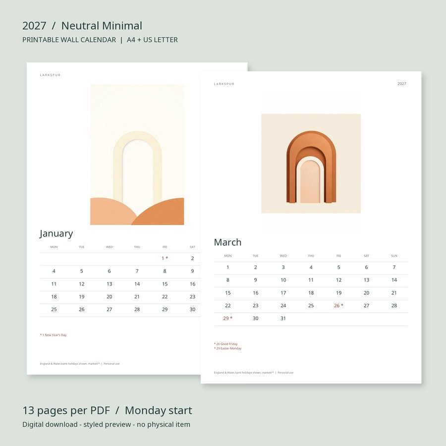 2027 Printable Calendar Neutral Minimal Wall Calendar | A4 & US Letter | AI Art, listing preview 2