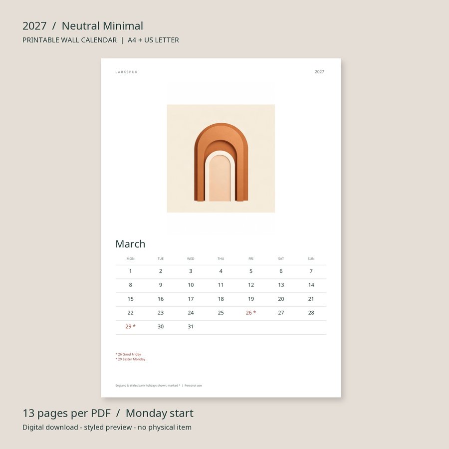2027 Printable Calendar Neutral Minimal Wall Calendar | A4 & US Letter | AI Art, listing preview 3
