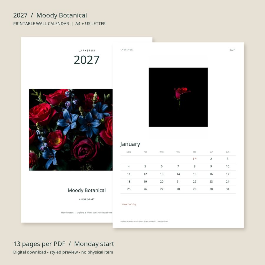 2027 Printable Calendar Moody Botanical Wall Calendar | A4 & US Letter | AI Art, product preview
