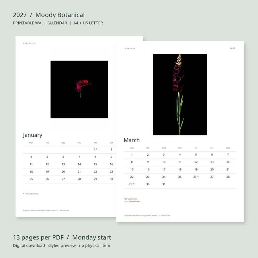 2027 Printable Calendar Moody Botanical Wall Calendar | A4 & US Letter | AI Art, listing preview 2