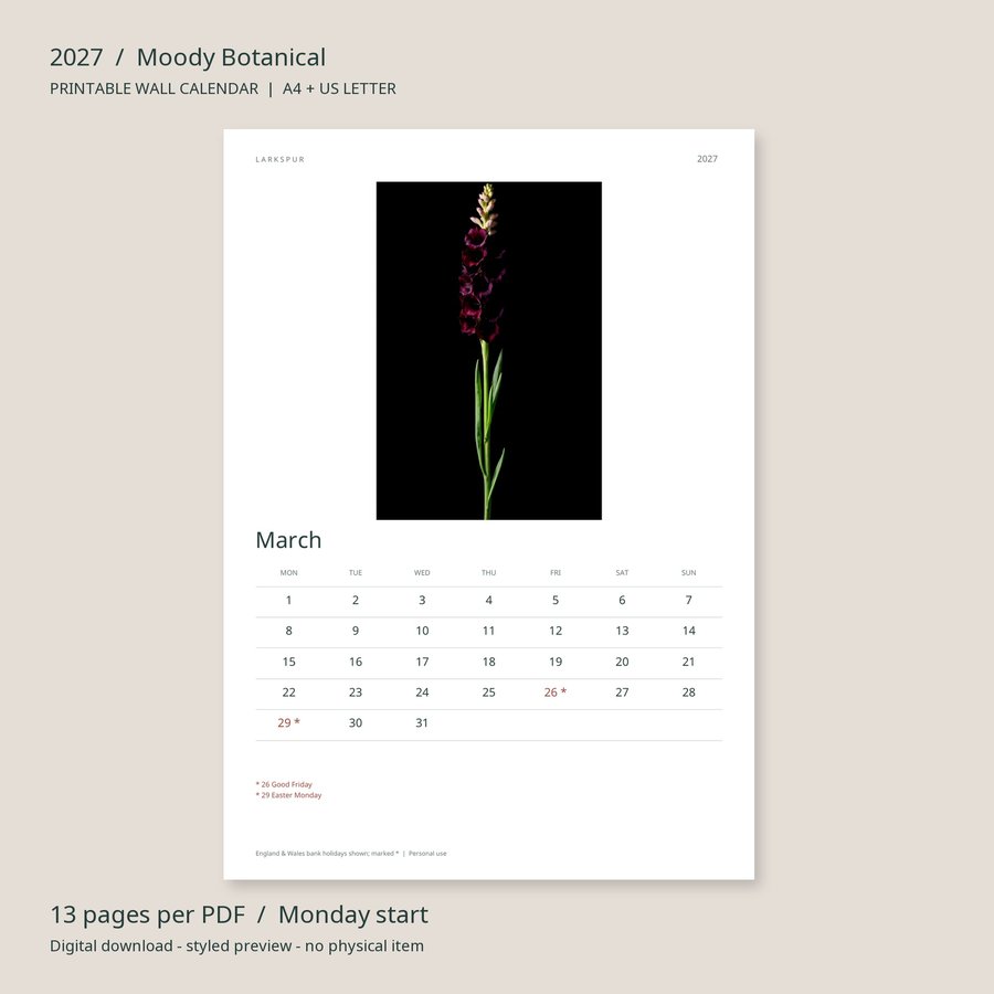 2027 Printable Calendar Moody Botanical Wall Calendar | A4 & US Letter | AI Art, listing preview 3