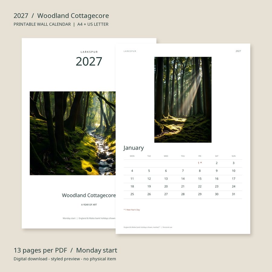 2027 Printable Calendar Woodland Cottagecore Wall Calendar | A4 & US Letter | AI Art, product preview