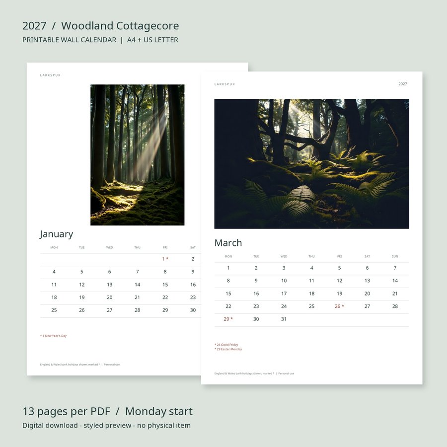 2027 Printable Calendar Woodland Cottagecore Wall Calendar | A4 & US Letter | AI Art, listing preview 2