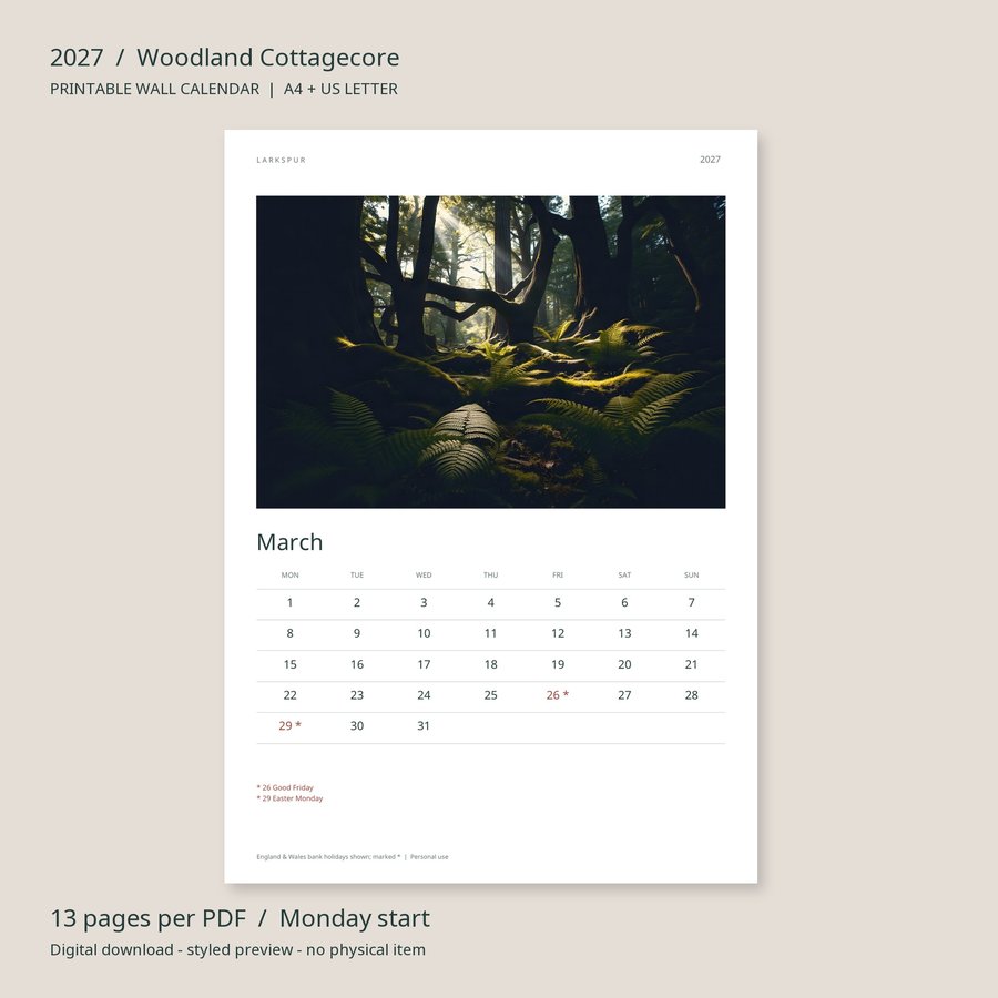 2027 Printable Calendar Woodland Cottagecore Wall Calendar | A4 & US Letter | AI Art, listing preview 3