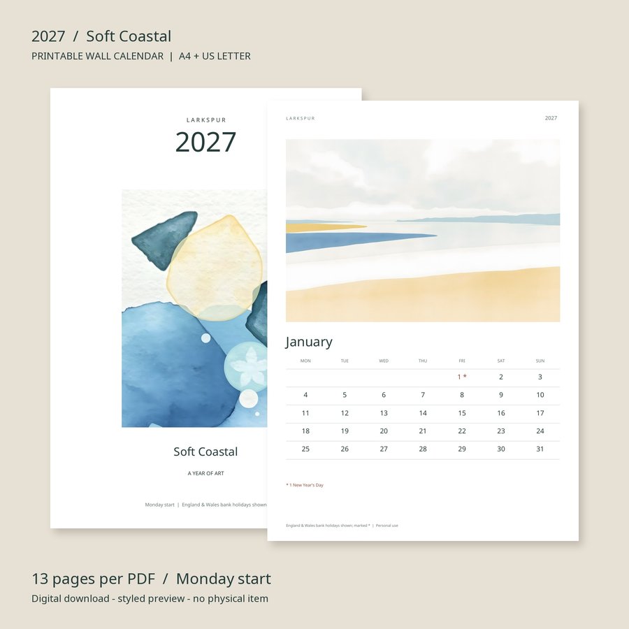 2027 Printable Calendar Soft Coastal Wall Calendar | A4 & US Letter | AI Art, product preview