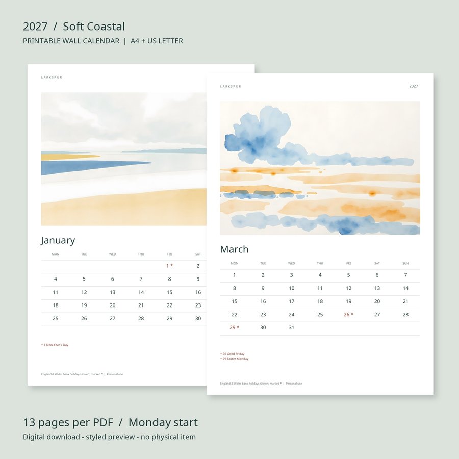 2027 Printable Calendar Soft Coastal Wall Calendar | A4 & US Letter | AI Art, listing preview 2