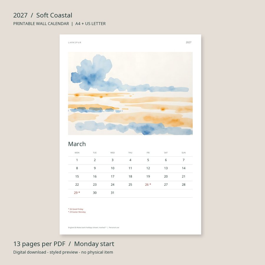 2027 Printable Calendar Soft Coastal Wall Calendar | A4 & US Letter | AI Art, listing preview 3