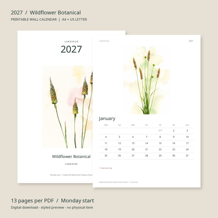 2027 Printable Calendar Wildflower Botanical Wall Calendar | A4 & US Letter | AI Art, product preview