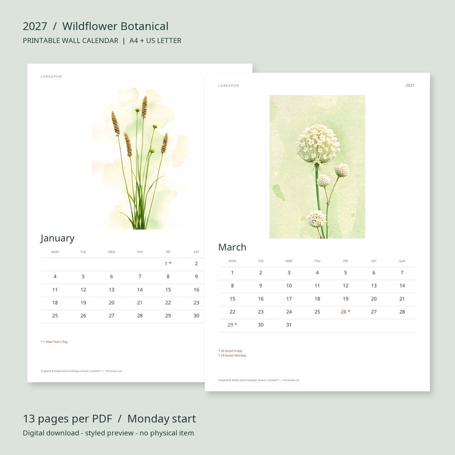 2027 Printable Calendar Wildflower Botanical Wall Calendar | A4 & US Letter | AI Art, listing preview 2