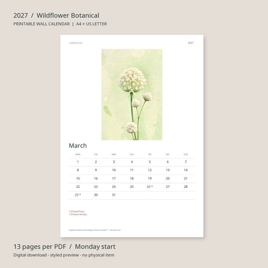 2027 Printable Calendar Wildflower Botanical Wall Calendar | A4 & US Letter | AI Art, listing preview 3
