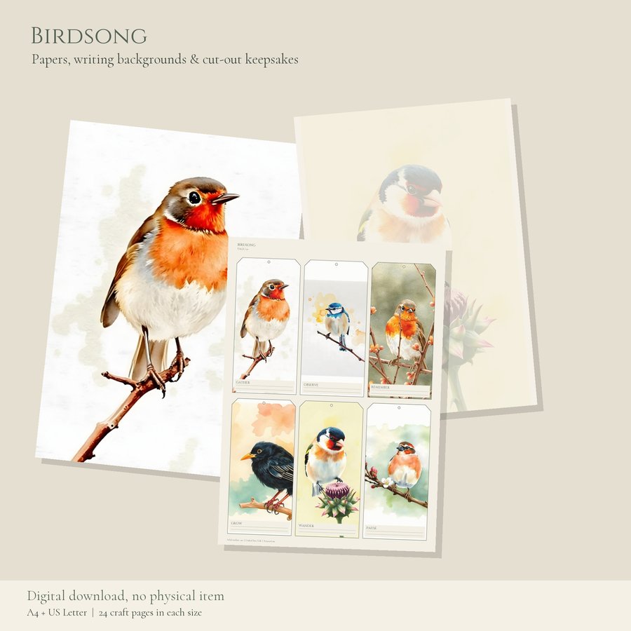 Printable Junk Journal Kit Birdsong | A4 & US Letter Papers and Ephemera | AI Art, product preview