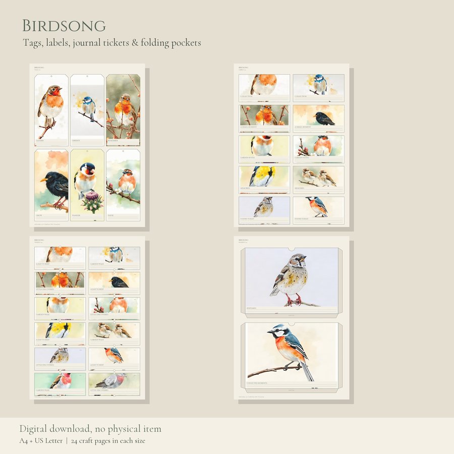 Printable Junk Journal Kit Birdsong | A4 & US Letter Papers and Ephemera | AI Art, listing preview 3