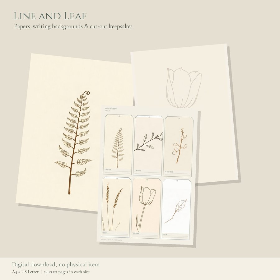Printable Junk Journal Kit Line and Leaf | A4 & US Letter Papers and Ephemera | AI Art, product preview