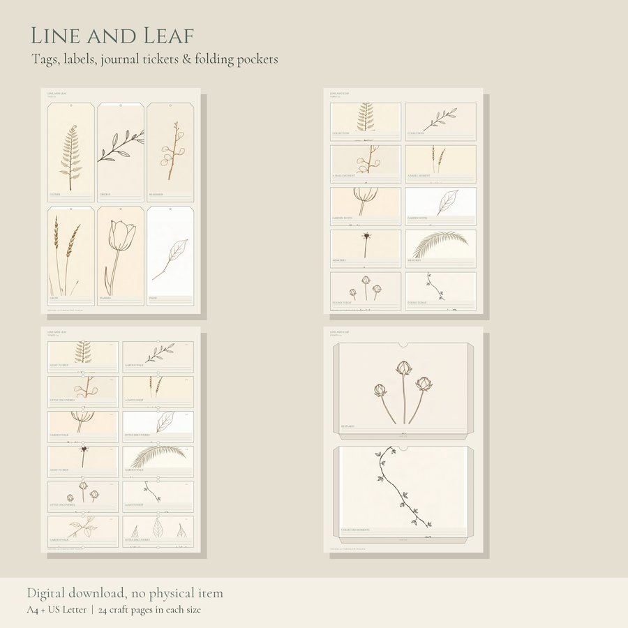 Printable Junk Journal Kit Line and Leaf | A4 & US Letter Papers and Ephemera | AI Art, listing preview 3