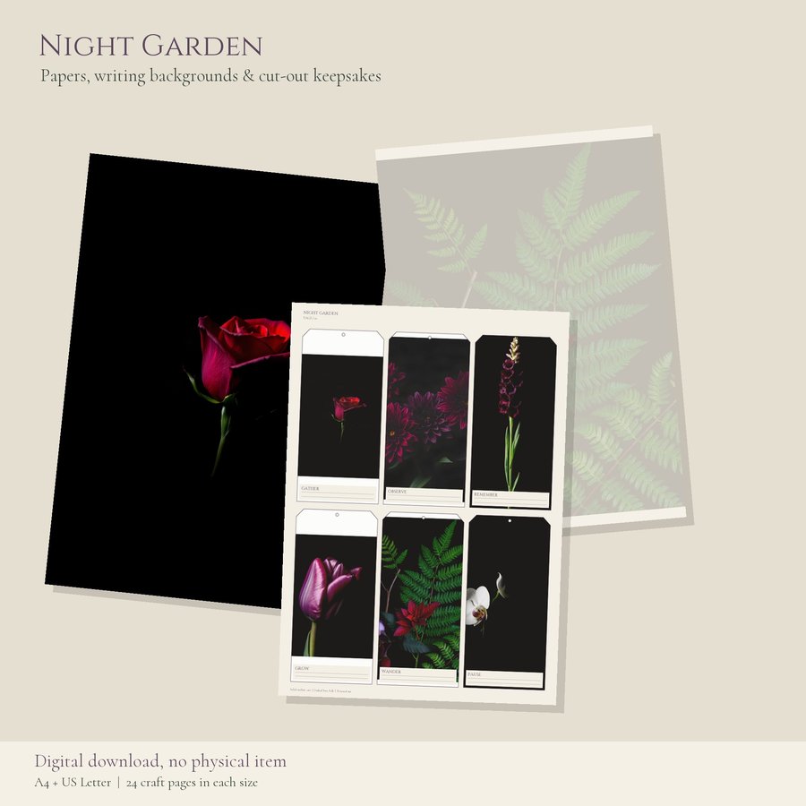 Printable Junk Journal Kit Night Garden | A4 & US Letter Papers and Ephemera | AI Art, product preview