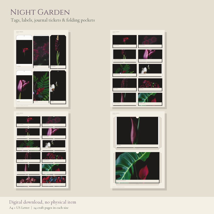 Printable Junk Journal Kit Night Garden | A4 & US Letter Papers and Ephemera | AI Art, listing preview 3