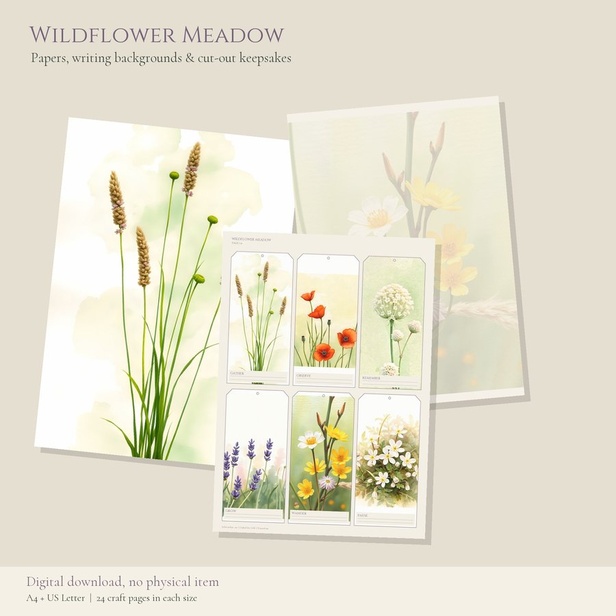 Printable Junk Journal Kit Wildflower Meadow | A4 & US Letter Papers and Ephemera | AI Art, product preview