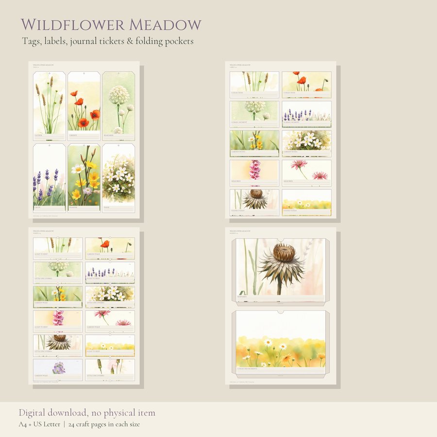 Printable Junk Journal Kit Wildflower Meadow | A4 & US Letter Papers and Ephemera | AI Art, listing preview 3