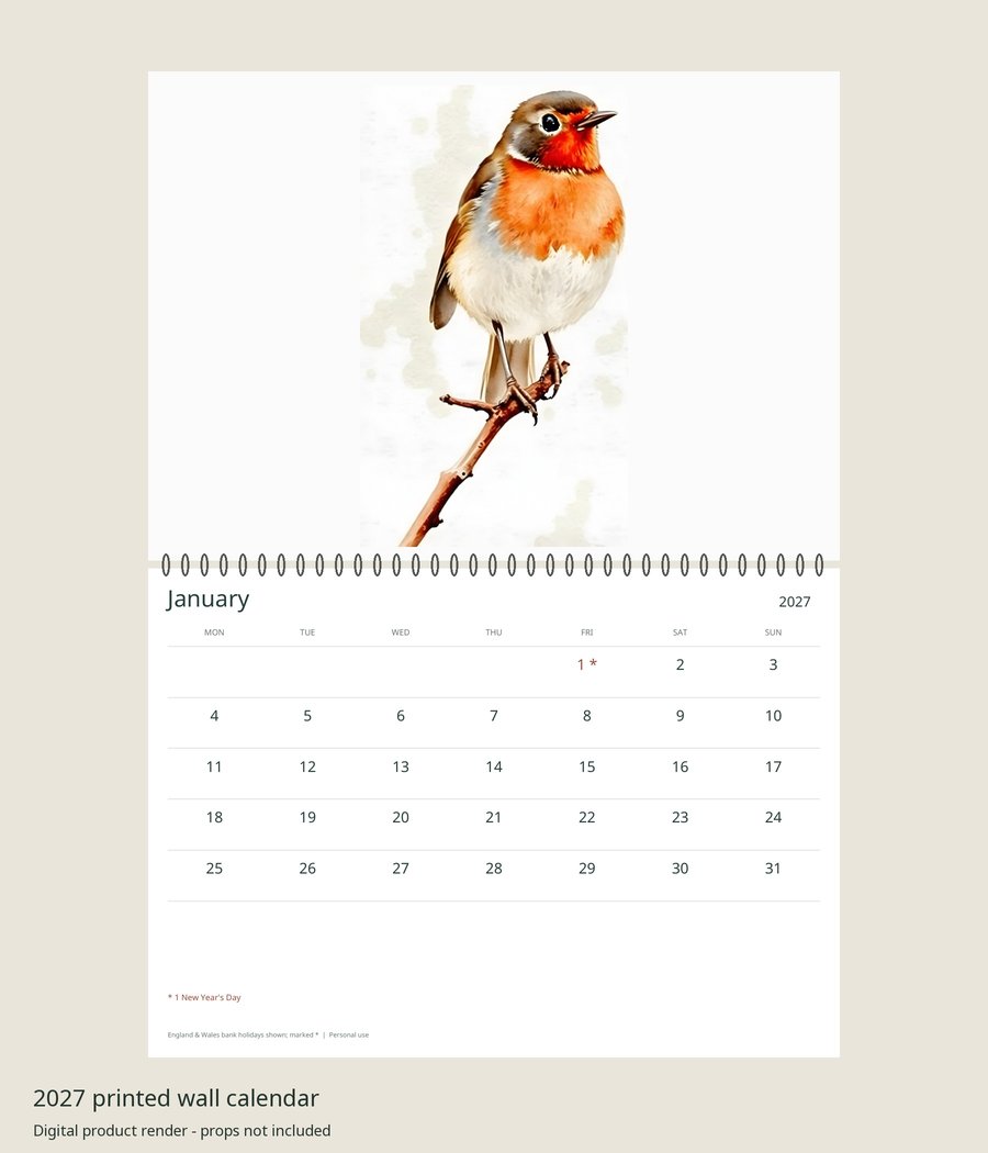 2027 Garden Bird Art Printed Wall Calendar | A4 Landscape | England & Wales Bank Holidays | AI Art, product preview