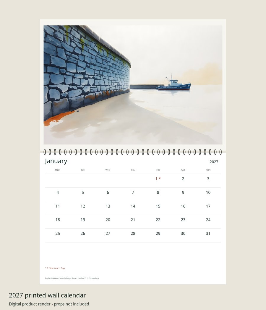 2027 Coastal Harbour Printed Wall Calendar | A4 Landscape | England & Wales Bank Holidays | AI Art, product preview
