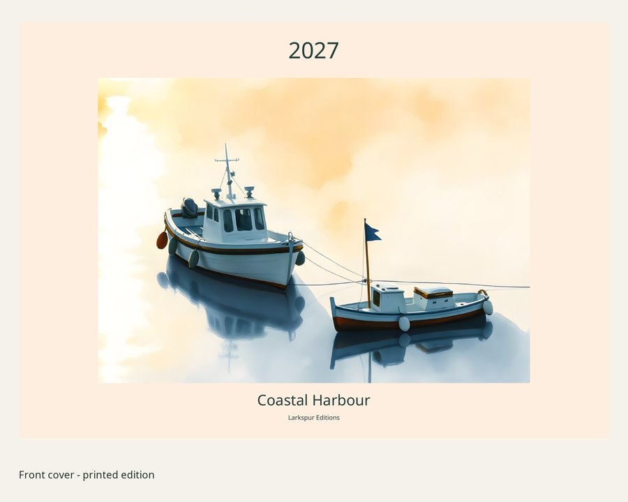 2027 Coastal Harbour Printed Wall Calendar | A4 Landscape | England & Wales Bank Holidays | AI Art, listing preview 2