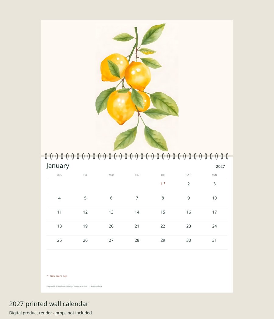 2027 Cottage Garden Printed Wall Calendar | A4 Landscape | England & Wales Bank Holidays | AI Art, product preview