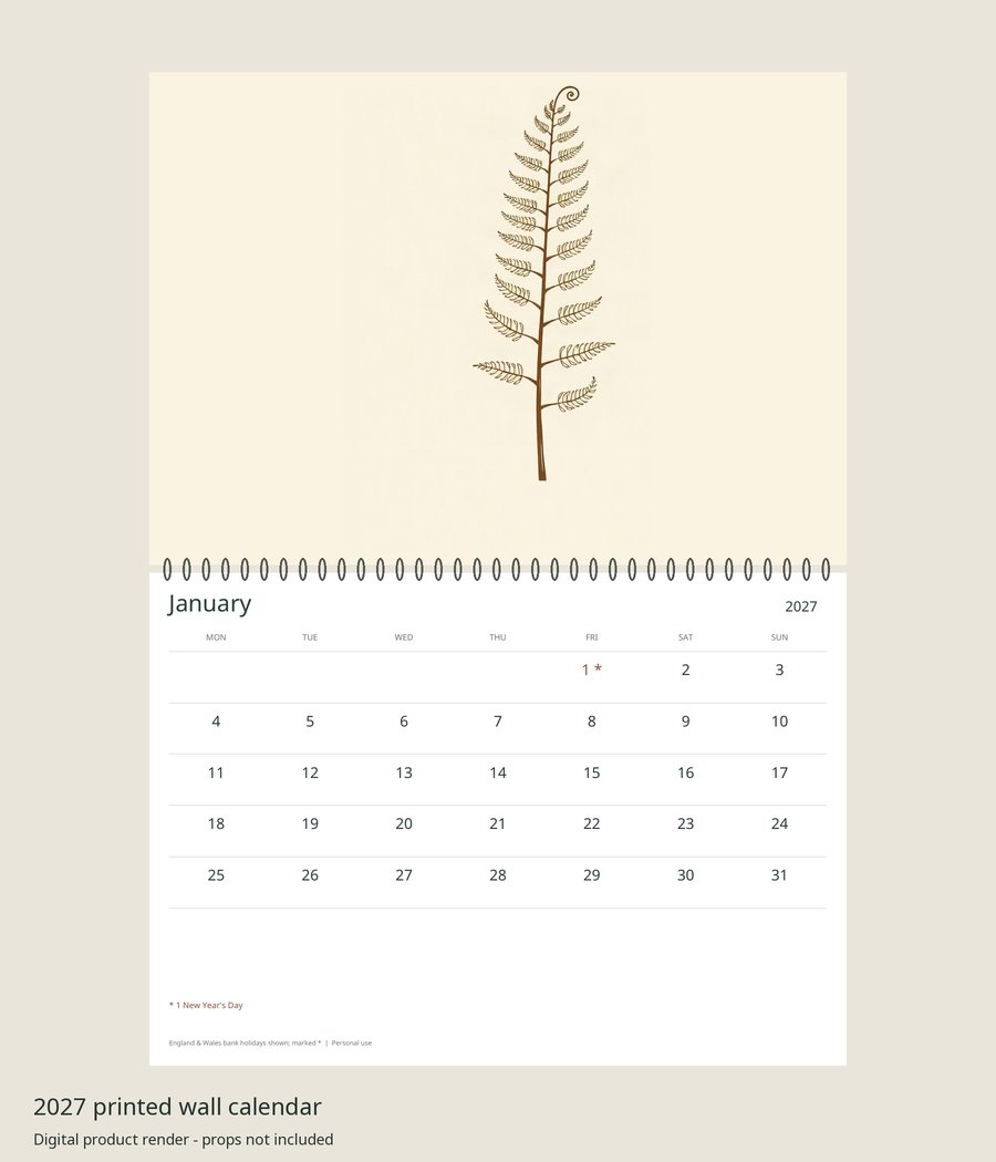 2027 Minimal Botanical Printed Wall Calendar | A4 Landscape | England & Wales Bank Holidays | AI Art, product preview