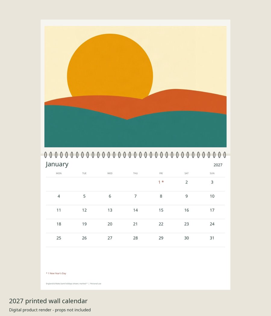 2027 Mid Century Printed Wall Calendar | A4 Landscape | England & Wales Bank Holidays | AI Art, product preview