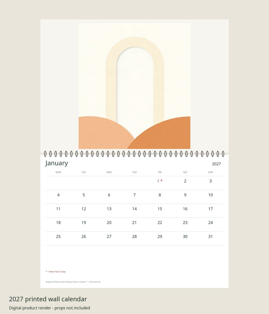 2027 Neutral Minimal Printed Wall Calendar | A4 Landscape | England & Wales Bank Holidays | AI Art, product preview