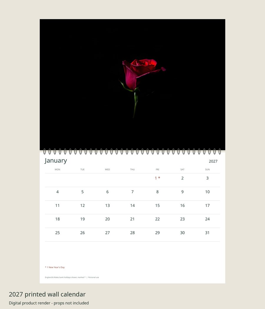 2027 Moody Botanical Printed Wall Calendar | A4 Landscape | England & Wales Bank Holidays | AI Art, product preview